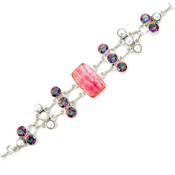Cheerful Rhodochrosite Rainbow Topaz and Pearl Sterling Silver Bracelet - Picture 5 of 5
